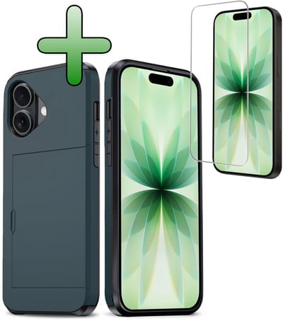 Hoes Geschikt voor iPhone 17 Hoesje Hard Case Met Pas Houder Met Screenprotector - Hoesje Geschikt voor iPhone 17 Hoes Shockproof Hard Cover Met Kaarthouder - Donkerblauw