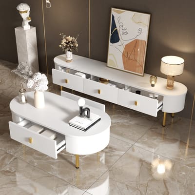 REDOM - Salontafel en tv-meubel set - Met laden - Afgeronde randen en cilindrische poten - Moderne stijl - Woonkamer - MDF - Wit - 108 x 50 x 40 cm en 174 x 35 x 41 cm