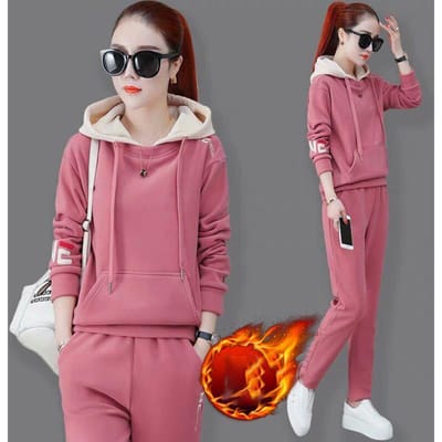 Plus Velvet Verdikt Vrijetijds Sportpak Dames Losse Hoodie Tweedelig Stof Ademend Warmte en Comfort M pink