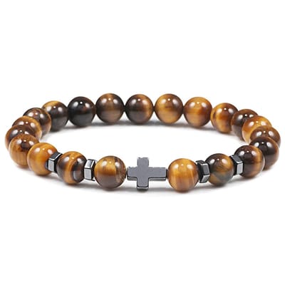 Kralenarmband met bruine tijgeroogkralen en hematiet kruisje 18cm