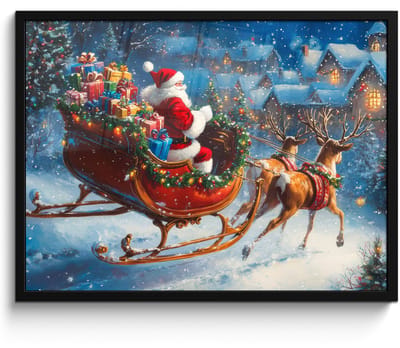 Poster in lijst - Fotolijst 70x50 cm - Posters - Kerstman - Rendier - Kerst - Sneeuw - Posterlijst zwart - Decoratie - Wanddecoratie woonkamer - Kerstdecoratie voor binnen - Kerstversiering - Kerstmis versiering in huis - Kerstaccessoires