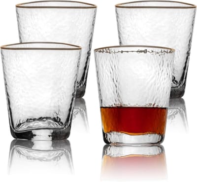 KZQ Whiskeyglazen (set van 4) - Gehamerde glazen met gouden rand en korte steel - Champagneglazen - Waterglazen - Cocktailglazen - 350 ml