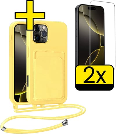 Hoesje Geschikt voor iPhone 16 Pro Telefoonhoesje Met Koord Case Pashouder Met 2x Screenprotector Siliconen - Hoes Geschikt voor iPhone 16 Pro Hoesje Met Kaarthouder - Geel