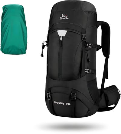 CarryQuest® 60L Hiking Rugzak - Waterdichte Trekking Backpack met Regenhoes, Drinksysteem, MOLLE-Systeem & Front-/Toploader - Zwart