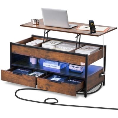 VEVOR salontafel met opklapbaar blad, 39,4 inch rechthoekige salontafel met extra opbergvakken, opvouwbare salontafel met stekkerdoos, USB en sfeerverlichting voor de woonkamer, bruin