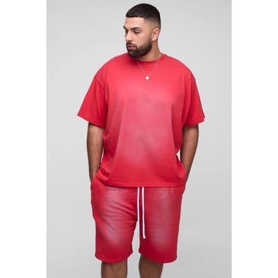 Plus OFCL Applique Spray Wash T-Shirt & Oversized Drop crotch Short Set | Red | Size 2XL