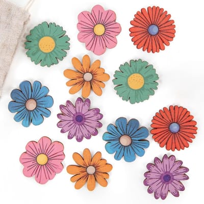 Dailygoods- Houten Bloemen - Kleurrijke Tafeldecoratie - Knutselbenodigdheden - Platte Bloemen - Strooidelen - 4 cm Groot - Decoratiebloemen