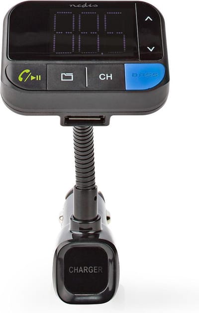 Nedis FM-Audiotransmitter voor Auto - Zwanenhals - Handsfree bellen - 1.5 " - LED-Scherm - Bluetooth - 5.0 V DC / 1.0 A / 5.0 V DC / 2.4 A - Bass boost - Google Assistant / Siri - Zwart
