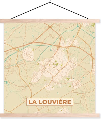 Posterhanger incl. Poster 40x40 cm - Schoolplaat - Vintage - Retro - Kaart - Plattegrond - Stadskaart - La Louvière - Textielposter - Blanke latten - Stadskaart