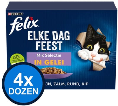 4x Felix - Elke Dag Feest Mix Selectie in Gelei - Kattenvoer Natvoer - doos 12x85g
