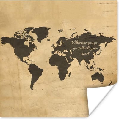 Poster 30x30 cm - Wereldkaart - Vintage - Kleur - Posters - Kamer decoratie - Wanddecoratie woonkamer - Muurdecoratie slaapkamer