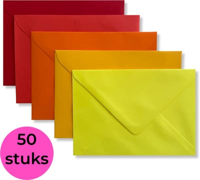 50 Gekleurde Enveloppen - C6 - 114x162mm - 5 kleuren - Geel / Oranje / Rood - Assorti