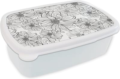 Broodtrommel Wit - Lunchbox - Brooddoos - Bloemen - Zwart - Wit - Design - 18x12x6 cm - Volwassenen