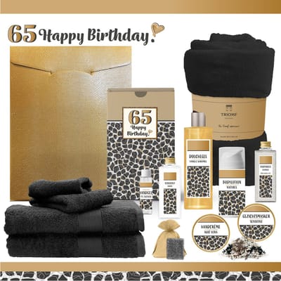 Geschenkset “65 Happy Birthday” - 13 producten - 1980 gram | Cadeau Verjaardag - Luxe wellness cadeaubox - Giftset Speciaal voor Haar - Gefeliciteerd - Verjaardag - Cadeaupakket - Gift Set Party - Verjaardagscadeau - Panter - Zwart