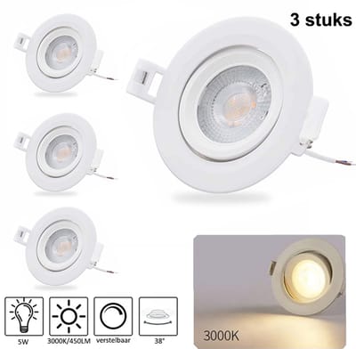 MOS LED Inbouwspot 5W 3000K - warm wit - verstelbaar spot - 3x LED Spotjes - 450 Lumen - 38° kantelbaar