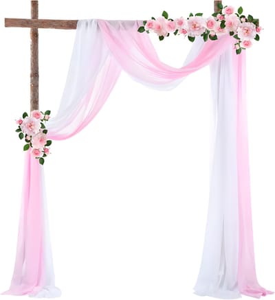 Tulle Achtergrondgordijn - Voor bruiloft en feestdecoratie - Sheer, elastisch chiffon - 70x550 cm / Wit en Roze - Wit and Roze