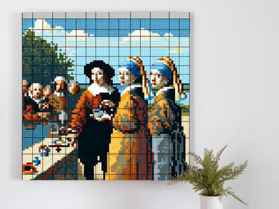 Pixel art vermeer schilderij | Vermeer's Meesterlijke Meesterwerk: Een Pixelig Stukje Kunstgeschiedenis | Kunst - 20x20 centimeter op Canvas | Foto op Canvas