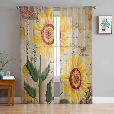 Retro Shabby Zonnebloem Transparante Gordijnen voor Woonkamerdecoratie Raamgordijnen voor Keuken Tule Voile Organza Gordijnen W135 x H115cm x1 beige
