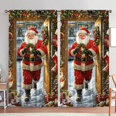 2 stuks Gordijn met 'Santa Claus Is Here' print voor Kerst Home Decor - Tunnelgordijn voor Slaapkamer, Kantoor, Keuken 52.5cmX116cm X 2pcs gray