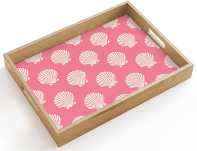 Dienblad hout 40x30 cm - Schootdienblad - Schelpen - Patroon - Roze - Wit - Strand - Borrelplank rechthoek - Plateau dienbladen