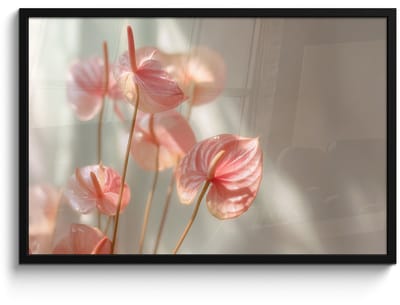 Poster in lijst - Fotolijst 90x60 cm - Posters - Bloemen - Stelen - Roze - Schaduw - Posterlijst zwart - Decoratie - Wanddecoratie woonkamer - Muurdecoratie slaapkamer