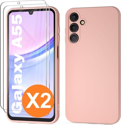 Hoesje geschikt voor Samsung Galaxy A55 siliconen hoesje Pink Sand zacht TPU backcover - Met gehard glas screenprotector - 2 stuks