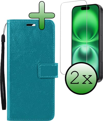 Hoesje Met 2x Screenprotector - Geschikt voor Apple iPhone 16 - Luxe Pasjeshouder - Bookcase Portemonee - Flip Case - Kunstleer Book Case - Flipcase Hoes - Book Cover - Walletcase - Portemonneehoes - Turquoise