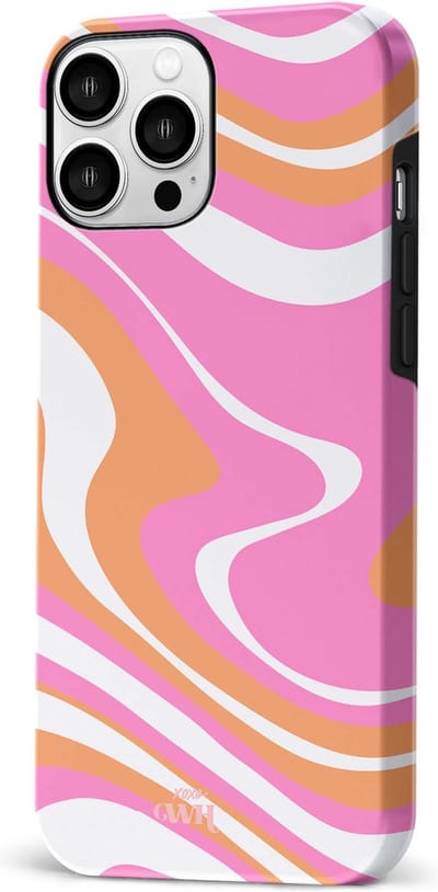 xoxo Wildhearts Chasing Sunsets - Double Layer - Hoesje geschikt voor iPhone 16 Pro case - Siliconen hoesje met golvenprint - Golven - Hardcover - Beschermhoes - Optimale bescherming - Dubbele beschermlaag - Roze - Oranje