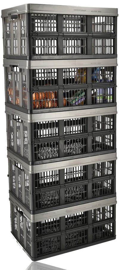 Vouwkrat 45 Liter – Set van 5 – Belastbaar tot 30 KG – Opvouwbare Kratten – Inklapbare Boodschappenkrat – Stapelbaar – 53,1 x 37 x 27 cm – Zwart