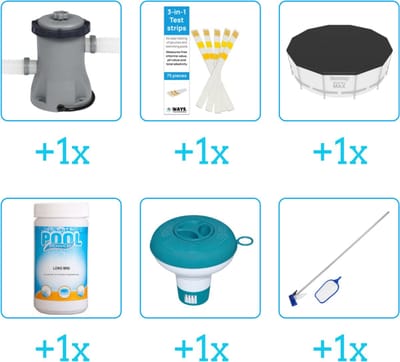 Accessoires voor Bestway Fast Set Opblaasbaar zwembad - 366x76 cm - Rond - Bestway - 57273 - Pomp - Testrips - Afdekzeil - Chloor - Chloordrijver - Schoonmaakset