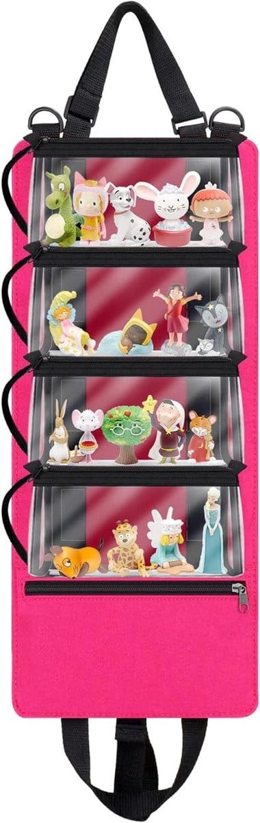 Draagtas voor Tonies-personages, met 4 verwijderbare zakjes, opbergtas voor creatieve figuren, hang aan de muur, deuren, autostoelrug of draagbaar, roze