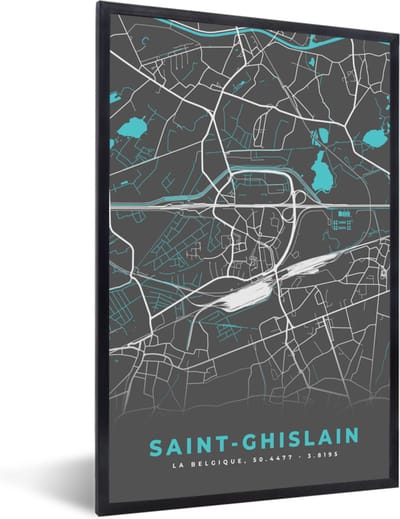 Fotolijst incl. Poster - Stadskaart – Grijs - Kaart – Saint Ghislain – België – Plattegrond - 40x60 cm - Posterlijst