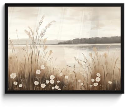 Poster in lijst - Fotolijst 70x50 cm - Posters - Meer - Water - Natuur - Beige - Posterlijst zwart - Decoratie - Wanddecoratie woonkamer - Muurdecoratie slaapkamer