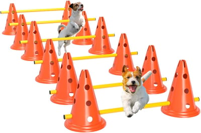 PawHut Agility Set Hunde 6-teiliges Agility-Ausrüstung für Hundetraining Steckhürdenset mit 12 Kegel 6 höhenverstellbar Hürden Tragetasche Trainingszubehör Koordinationstraining für Spiele Training