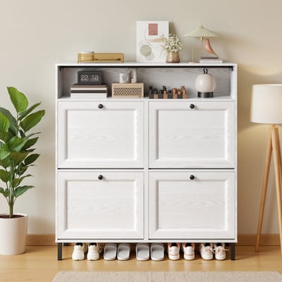 Bealife FS61 Opvouwbaar Schoenenrek - Met 4 Deuren en Open Opbergvak - 108x100x24 cm - Wit