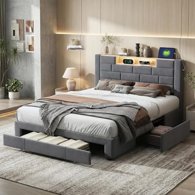 Tweepersoonsbed met laden - Modern bedframe - Opruimen en opladen - Geïntegreerde LED en USB - 140x200 cm - Grijs