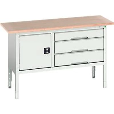 Box werkbank Bott verso, met multiplex legbord, 3 laden & 1 deur, B 1500 x D 600 x H 830 - 930 mm, RAL 7035 lichtgrijs