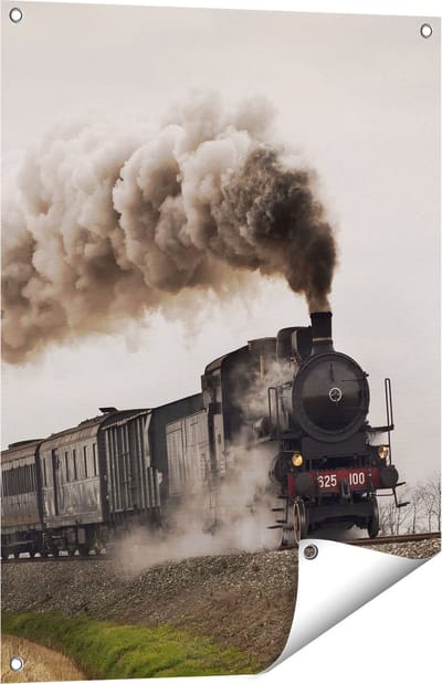 Gards Tuinposter Locomotief Trein met Rook Wolken - 60x80 cm - Tuindoek - Tuindecoratie - Wanddecoratie buiten - Tuinschilderij