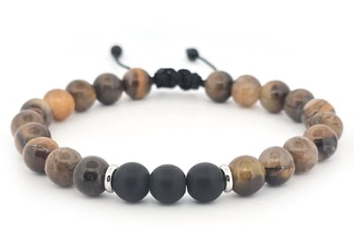 Herenarmband - natuursteen kralen - op nylon koord - bruin - zwart - tijgeroog - schuifknoop - allergievrij