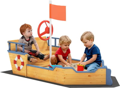 ECTEATOY® Houten Zandbak Piratenschip voor Kinderen - Speelboot Buiten met Opbergruimte, Stuurwiel & Vlag - Dennenhout - 158x78 cm