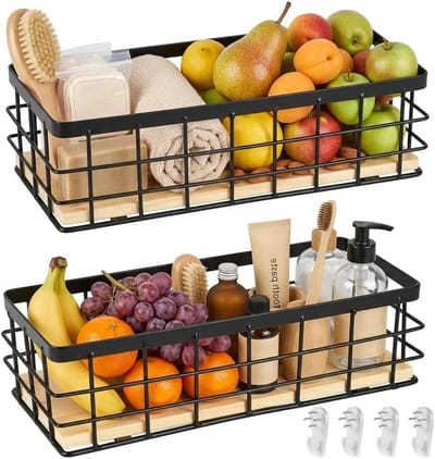 Metalen Opbergmand met Houten Basis voor Badkamer, Keuken en Eetkamer - Set van 2, 29 x 13 x 10 cm, Zwart, Ruimtebesparend en Stijlvol