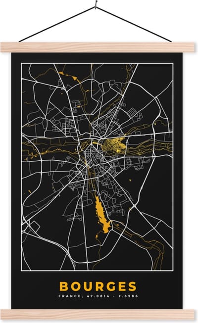 Posterhanger incl. Poster 40x60 cm - Schoolplaat - Frankrijk – Bourges – Stadskaart – Plattegrond – Kaart - Textielposter - Blanke latten - Stadskaart