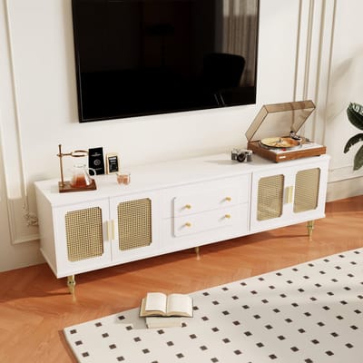 STILVORA TV-Meubel - Retro TV-Kast Met PVC-Rietdeuren En Gouden Handgrepen - Push-To-Open Laden En Veel Opbergruimte - Spaanplaat - 175x38x55,5 cm - Wit