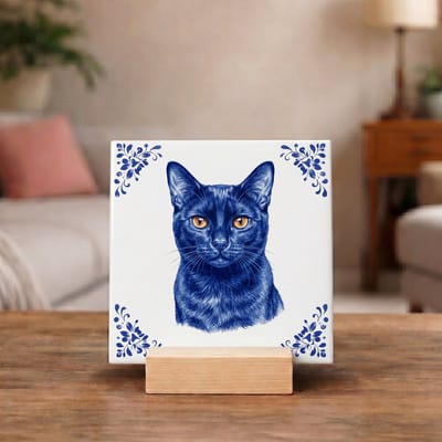 Delftsblauw Tegeltje 11x11 Zwarte Kat – Cadeau voor Kattenliefhebber