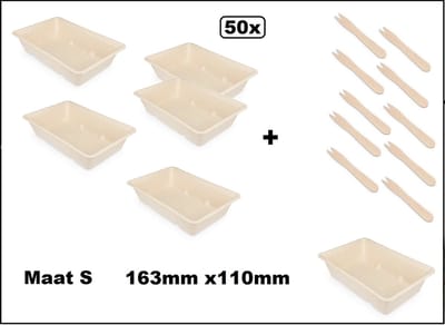 50x Frietbakje + snackvork - mt.S - 100% biologisch afbreekbaar - Patat friet frites bakje snack bak food menu A13
