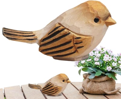 Houten Vogel Beeldjes - Dierenfiguren Buiten - Tuindecoratie Gazon - Handgemaakt Lindehout - 10 x 5 x 5 cm - Natuurlijk