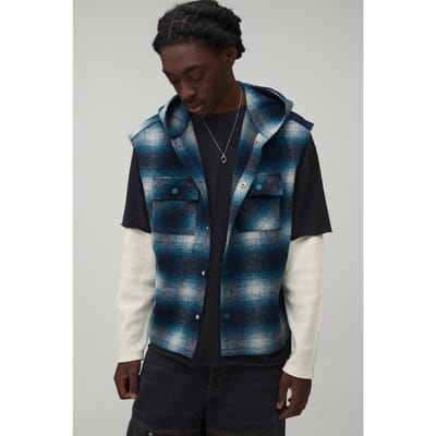 Oversized Brush Check Hooded Sleeveless Overshirt | Blue | Size Small