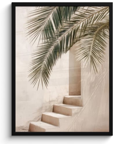Poster in lijst - Fotolijst 60x80 cm - Posters - Palmboom - Schaduw - Trap - Beige - Posterlijst zwart - Decoratie - Wanddecoratie woonkamer - Muurdecoratie slaapkamer