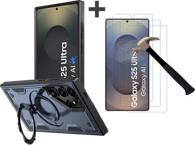 Hoesje Geschikt voor Samsung Galaxy S25 Ultra met 3 Stuks gehard glas Screenprotectors - Armor hoes met Ringhouder - Arara backcover - Navy
