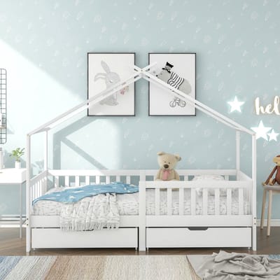 VVBV Kinderbedden - 90x200cm - Huisbed Met Lattenbodem En Laden - Met Veiligheidshek - Eenpersoonsbed - Vurenhout - Wit(Zonder matras)